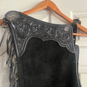 Black Leather Western Chaps with Intricate Design